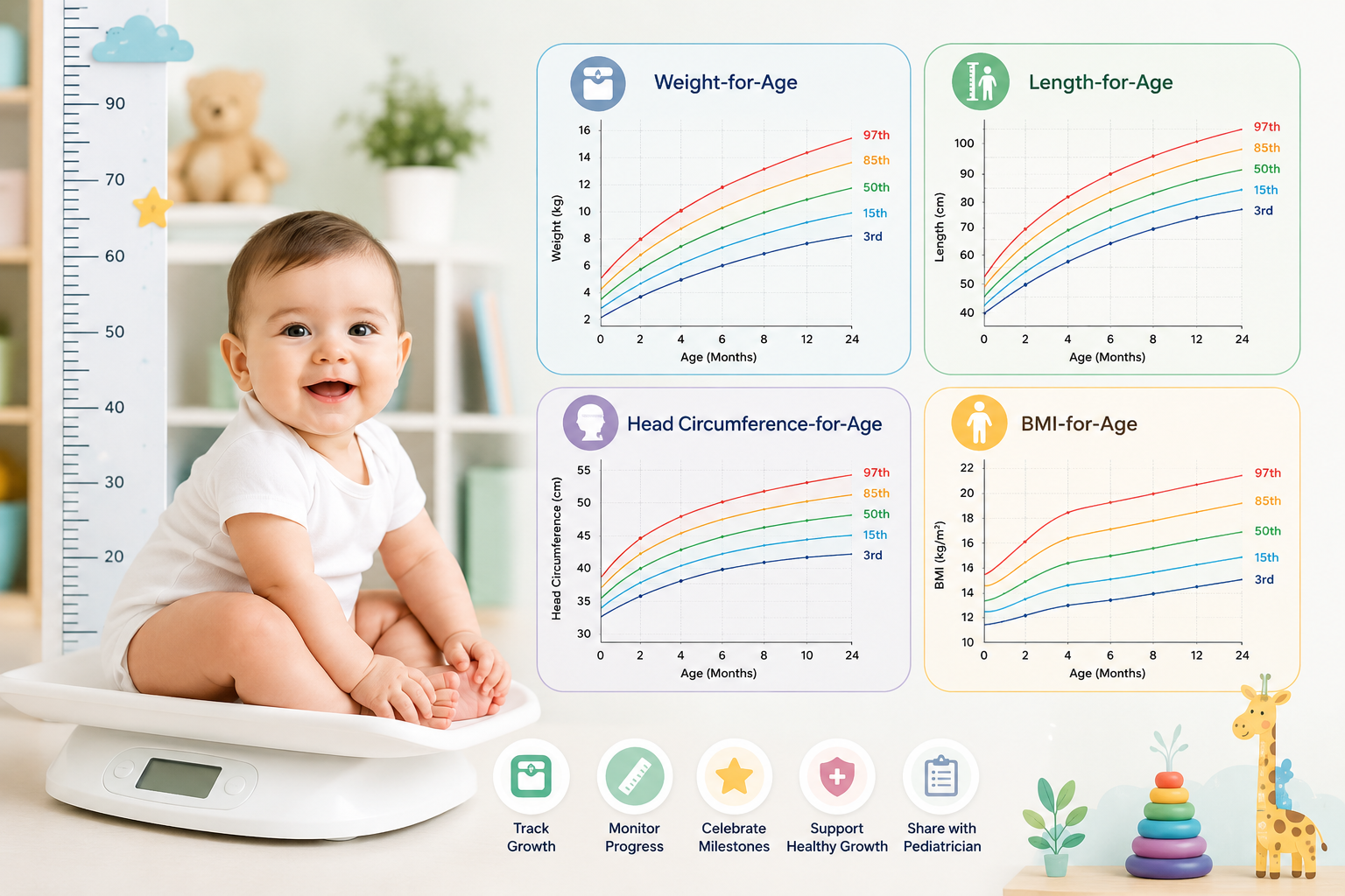 Baby growth tracking in pastel nursery